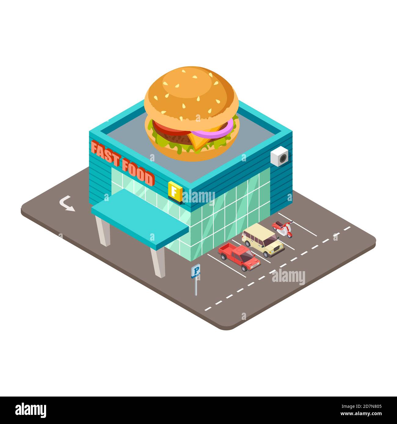 Ristorante fast food. Concetto vettoriale di costruzione di una moderna casa di hamburger isometrica. Cafe fast food con hamburger sul tetto illustrazione Illustrazione Vettoriale