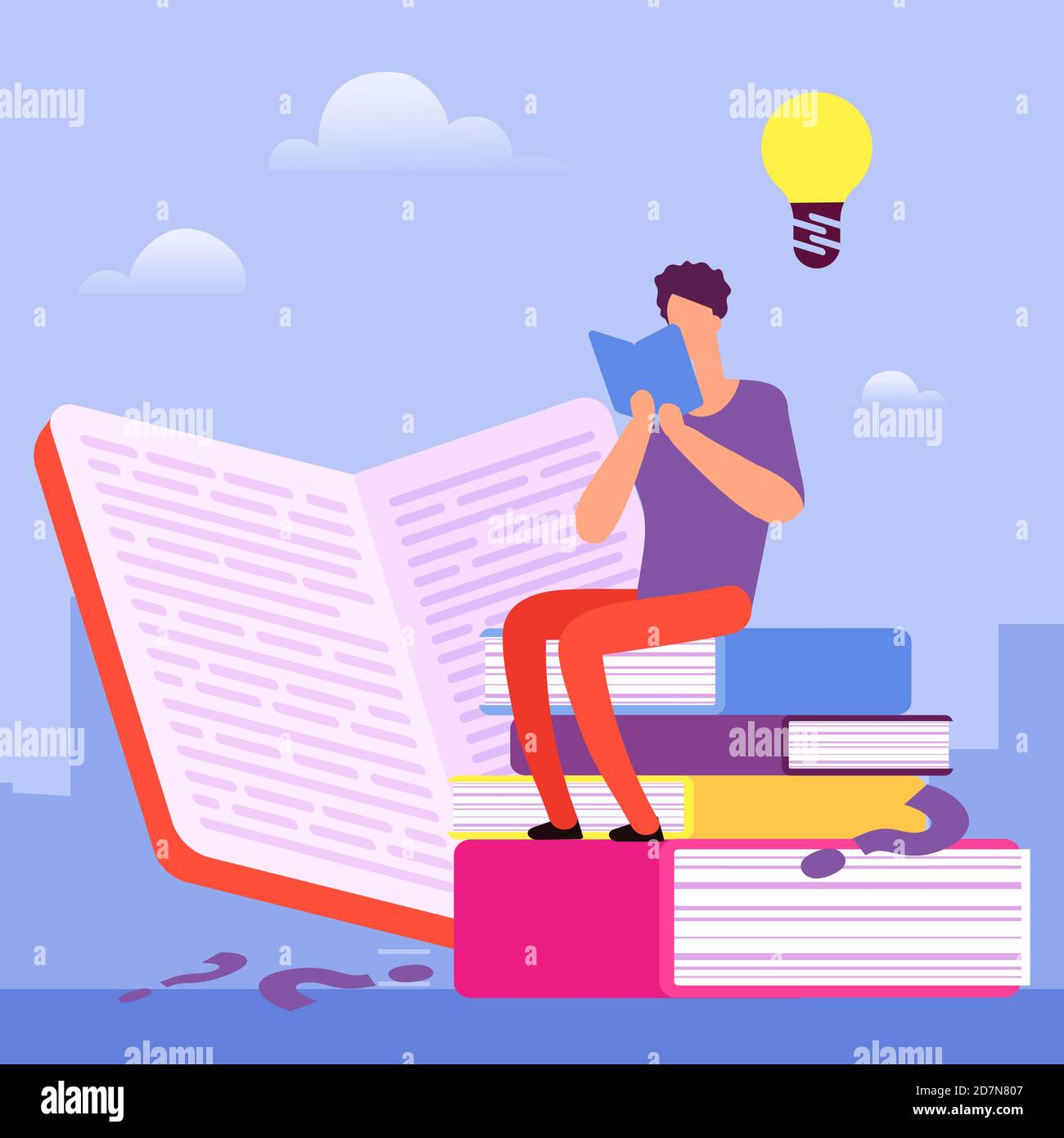 Cerca le risposte alle domande nei libri. Concetto di vettore di auto-educazione. Illustrazione dell'educazione e dello studio, della seduta e dell'apprendimento Illustrazione Vettoriale