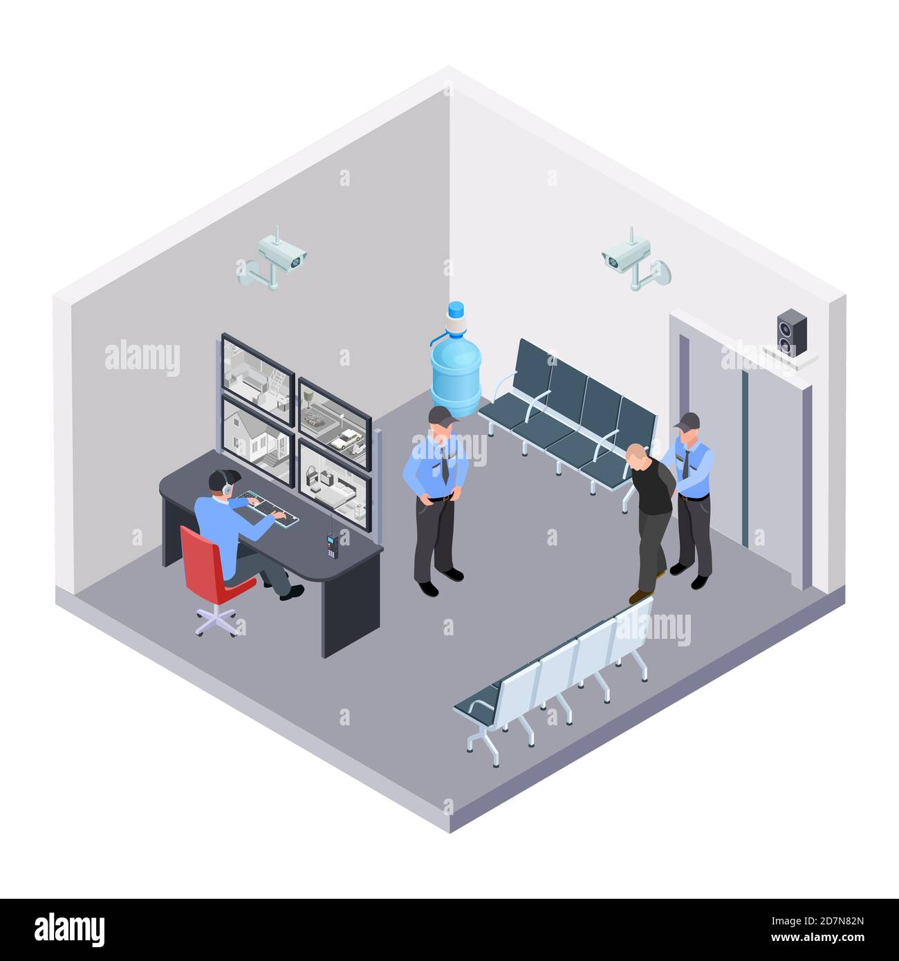 Sala di sicurezza in aeroporto, ferrovia o stazione degli autobus concetto vettoriale isometrico. Immagine del controllo della sala di sicurezza, del monitor video e della protezione Illustrazione Vettoriale