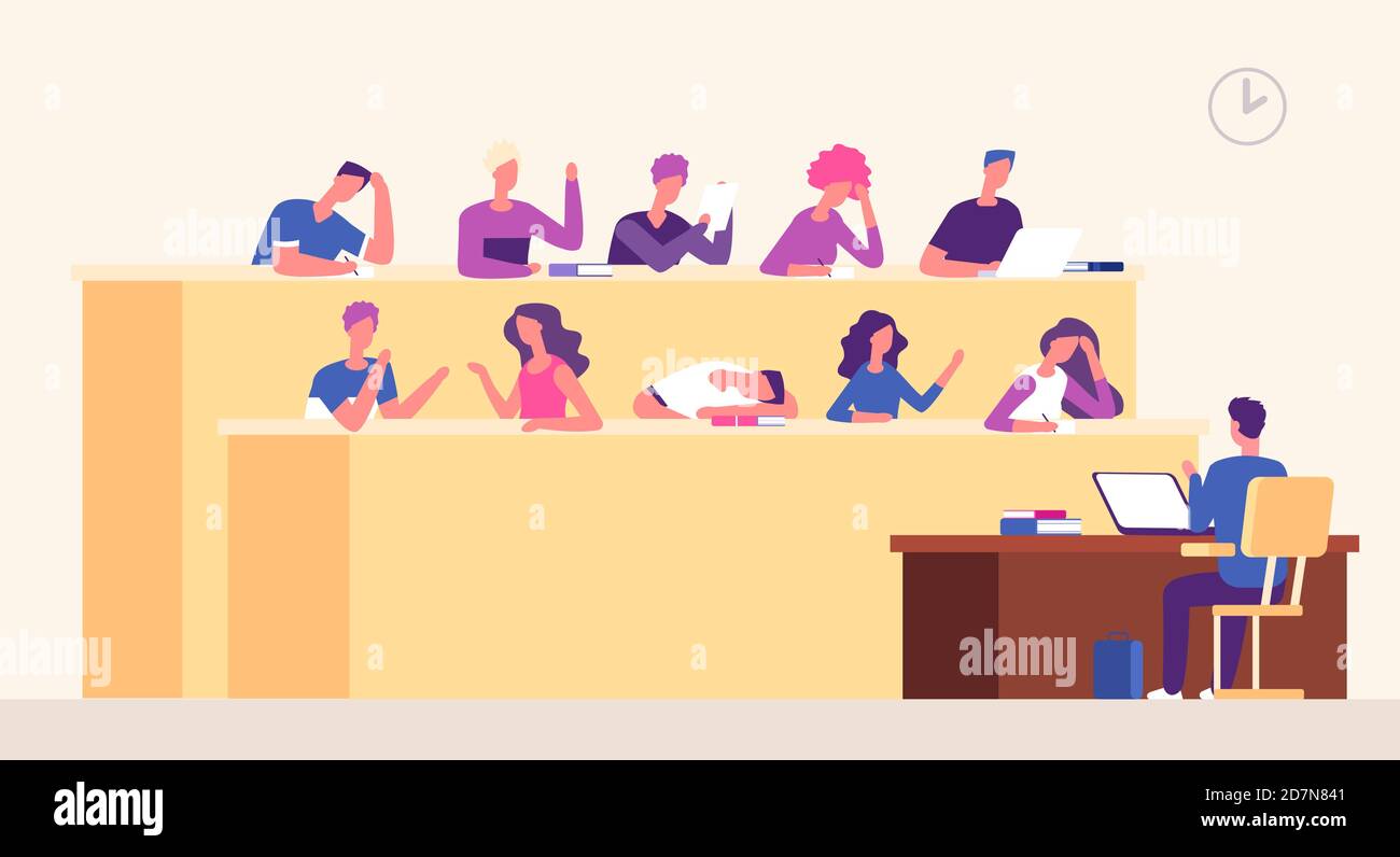 Sala conferenze. Gli studenti insegnano in aula imparando i giovani che studiano in auditorium. Concetto vettoriale del seminario di coaching aziendale. Illustrazione dell'istruzione sulla lezione, gli allievi in università Illustrazione Vettoriale