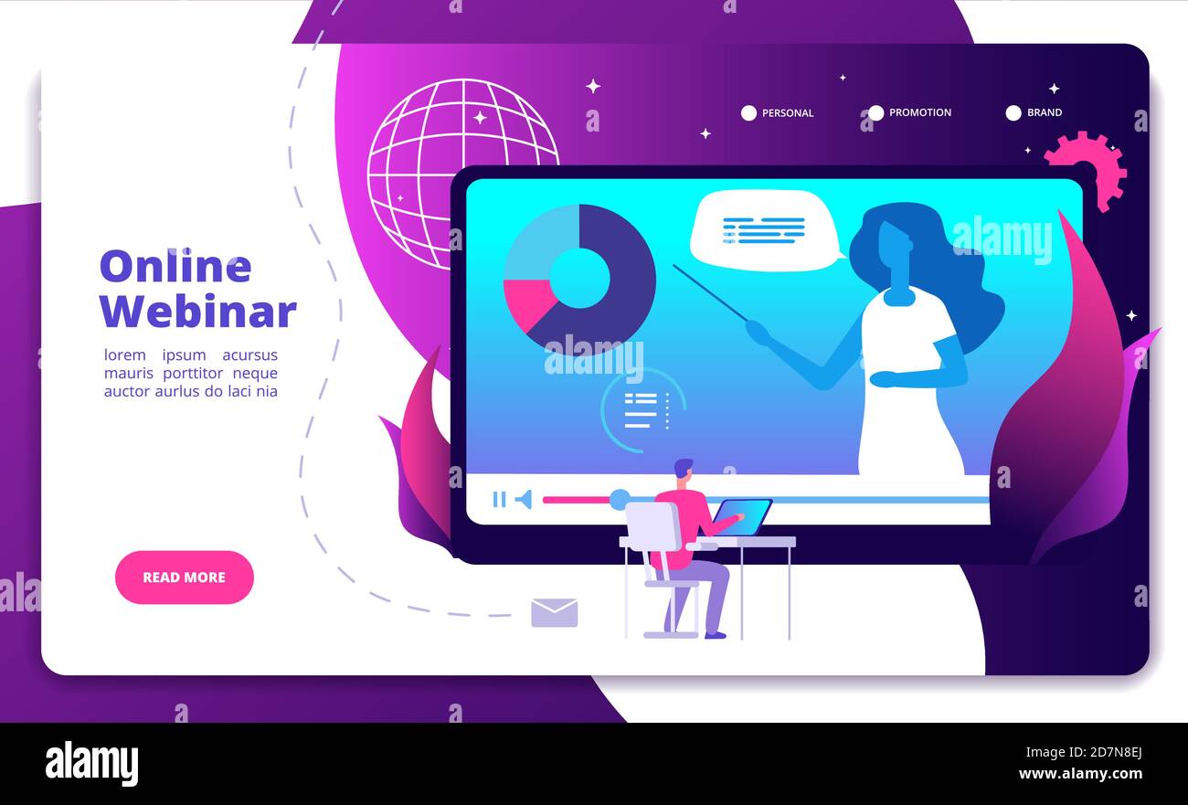 Landing webinar. Webinar on line seminario di conferenza speaker web consultation webcast e-meeting video Internet corso concetto vettoriale. Conferenza Webinar, seminario su Internet per l'illustrazione dell'istruzione Illustrazione Vettoriale