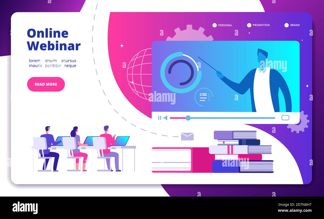 Concetto di webinar. Webinar online seminario relatore studente consultazione web webcast e meeting video corso di formazione vettore landing page. Illustrazione della formazione su webinar, video seminario online Illustrazione Vettoriale