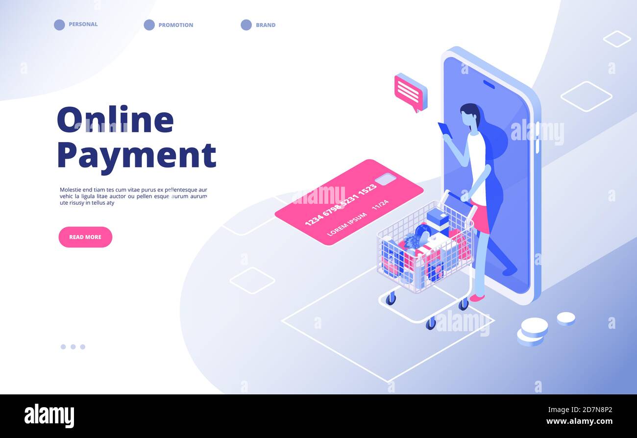 Pagamento online. Pagamenti via Internet shopping denaro transazioni guadagnare smartphone sicurezza bancario tecnologia finanziaria concetto vettoriale. Mercato dei pagamenti online per smartphone, illustrazione della carta delle transazioni Illustrazione Vettoriale