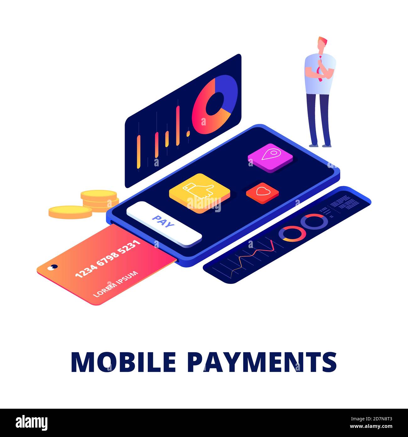 Pagamenti mobili, acquisti online e concetto di vettore bancario. Smartphone per pagamenti, illustrazione di servizi bancari elettronici mobili Illustrazione Vettoriale