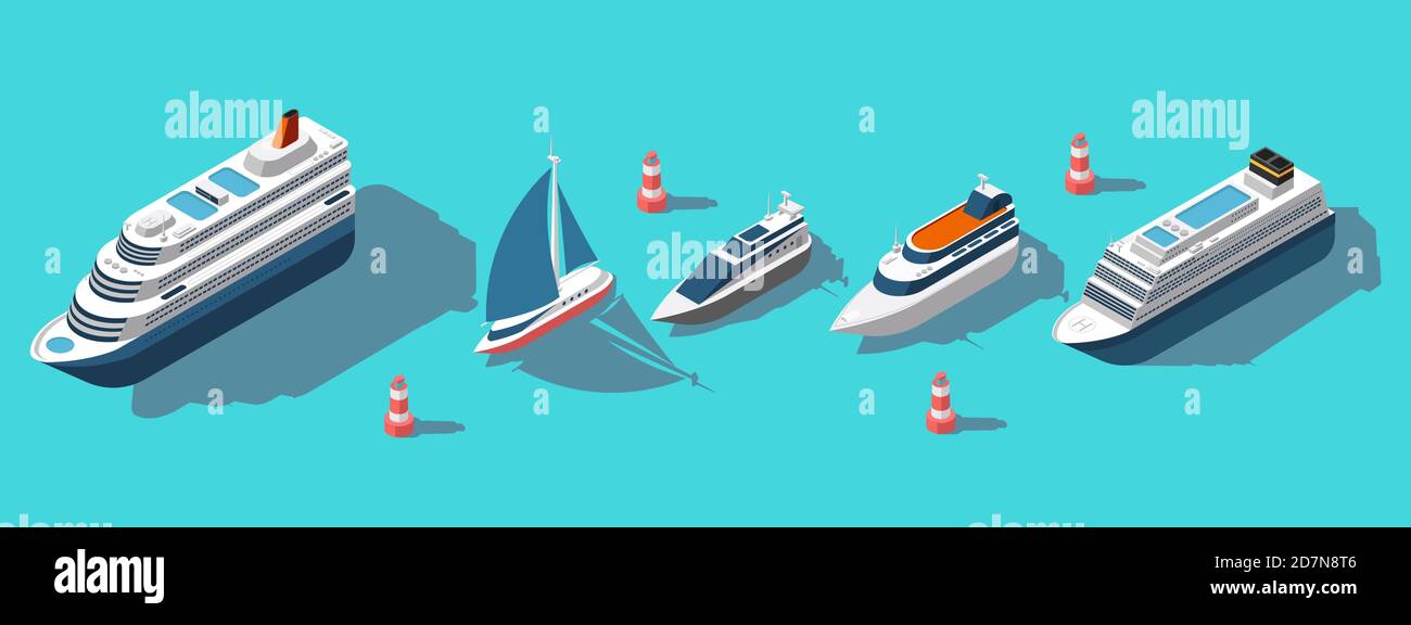 Navi isometriche, yacht, barche, navi passeggeri, vettore. Illustrazione del traghetto e della barca, del passeggero del trasporto marittimo Illustrazione Vettoriale