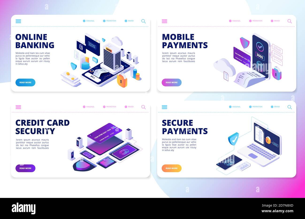 Pagina di destinazione online banking. Pagamenti mobili, banner vettoriali per la sicurezza delle carte di credito. Trasferimento finanziario mobile, transazioni e acquisti, illustrazione elettronica delle app digitali Illustrazione Vettoriale