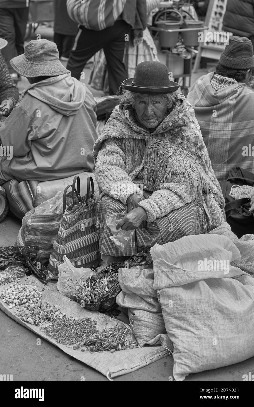 Vecchia Signora nel cappello bowler vendendo le teste dei fiori in un mercato di strada nella città mineraria di Oruro sull'altipiano della Bolivia. Foto Stock