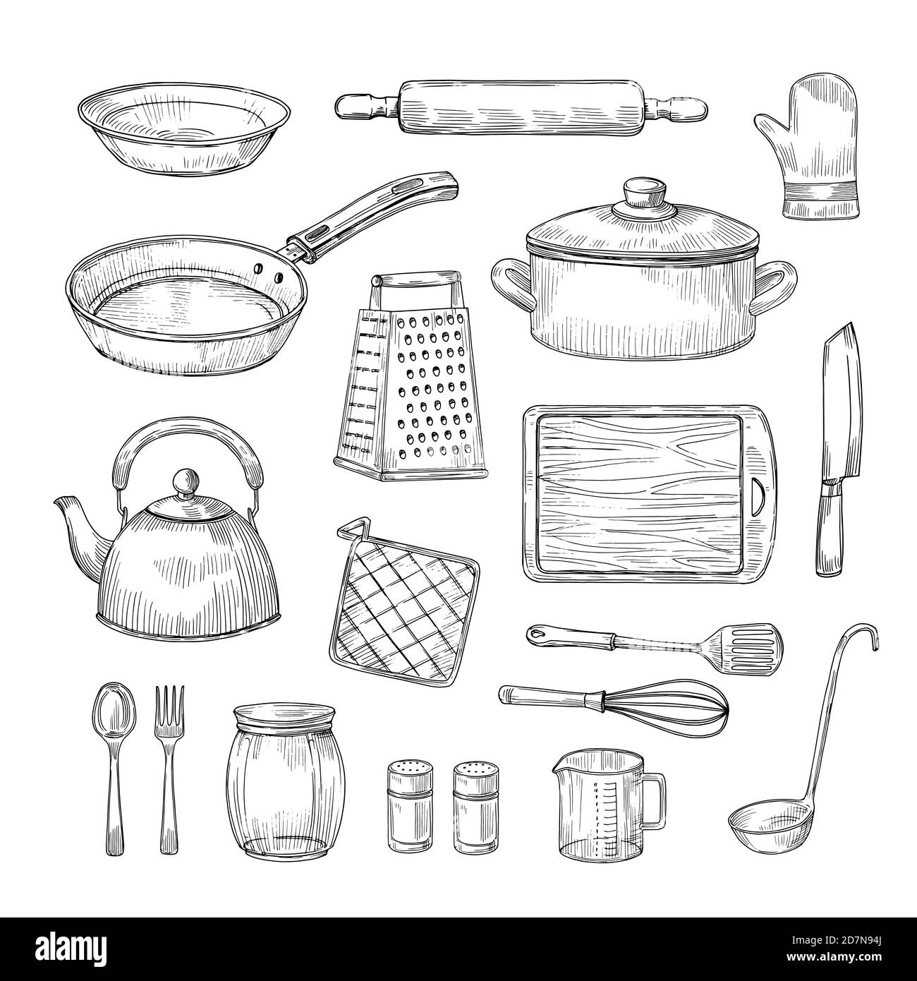 Strumenti per la cucina dello schizzo. Utensili da cucina utensili da cucina disegnati a mano. Set vettoriale attrezzatura cuoco Doodle. Illustrazione degli utensili da cucina per la cottura Illustrazione Vettoriale
