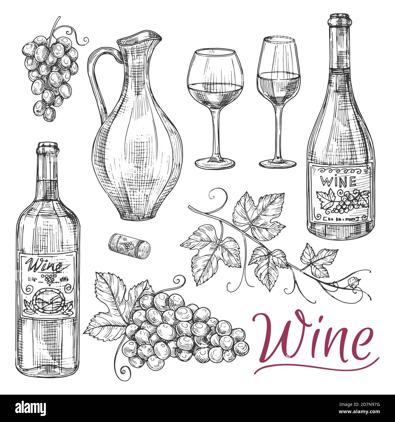 Schizzi elementi vettoriali del vino - bottiglie, bicchieri, uva e caraffa. Illustrazione di bevande alcoliche, bevande in caraffa, bottiglia di vino Illustrazione Vettoriale