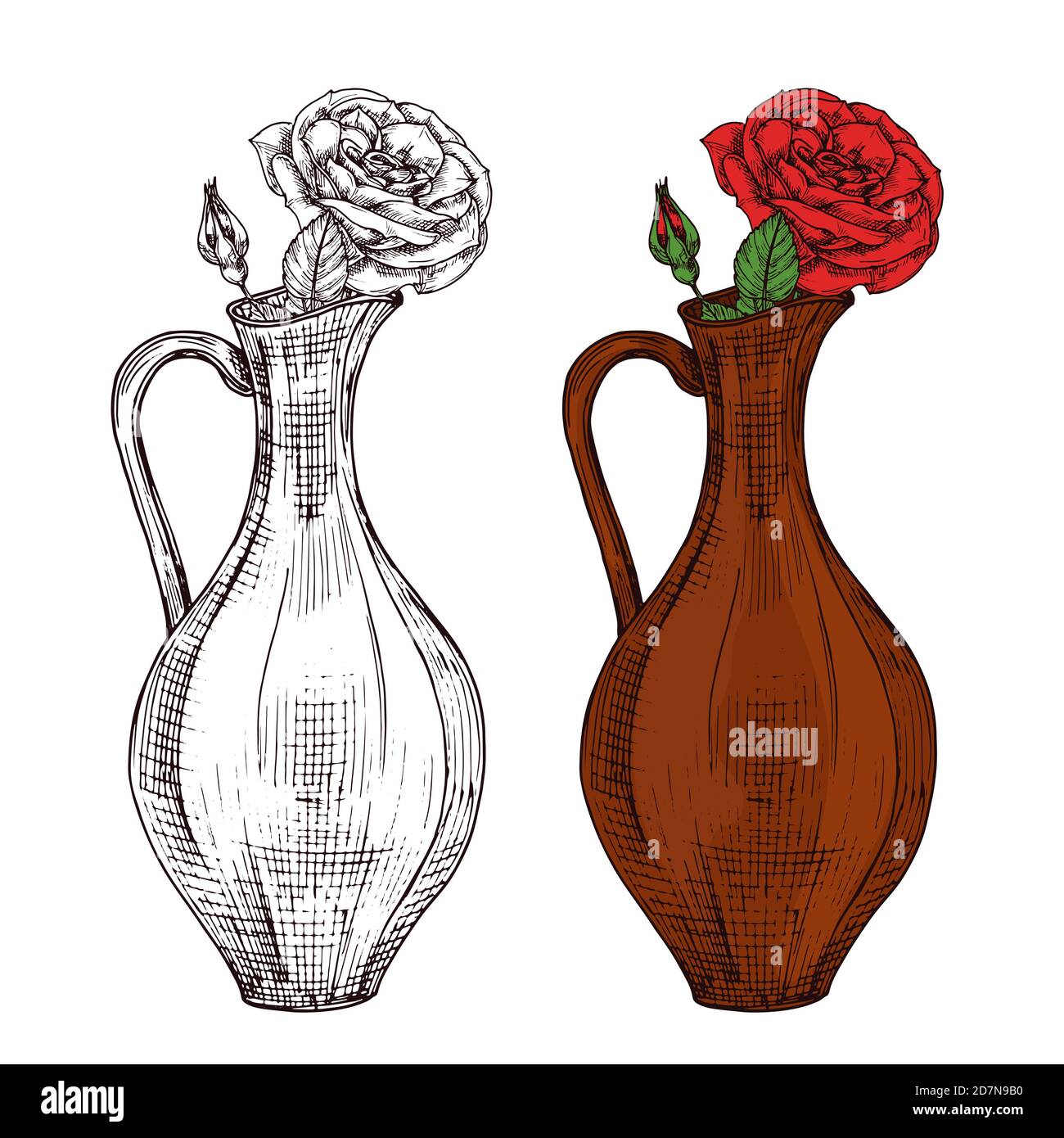 Schizzo della caraffa da vino con illustrazione vettoriale delle rose rosse. Fiore rosa in vaso, disegno disegno fiore Illustrazione Vettoriale