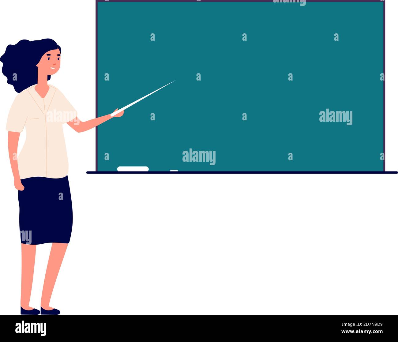 Insegnante di donna in lavagna. Insegnante di sesso femminile in classe che insegna agli studenti. Concetto di vettore di istruzione scolastica. Illustrazione di un insegnante di donna vicino a lavagna, istruzione e insegnamento Illustrazione Vettoriale