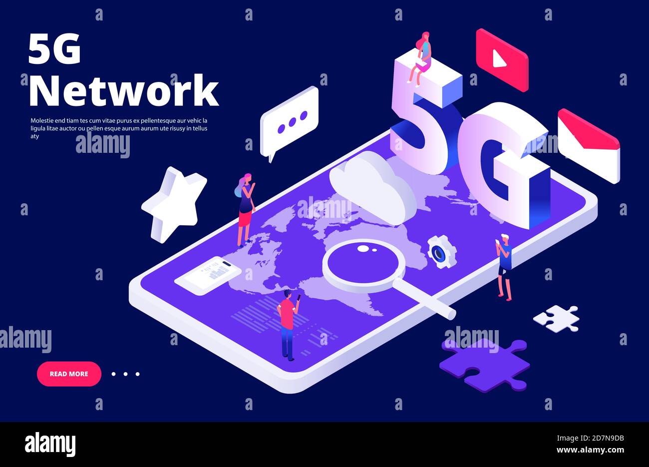 concetto di rete 5g. Pagina di destinazione Internet wireless 5G globale. Isometria di connessione di quinta generazione del vettore, figura di collegamento Illustrazione Vettoriale