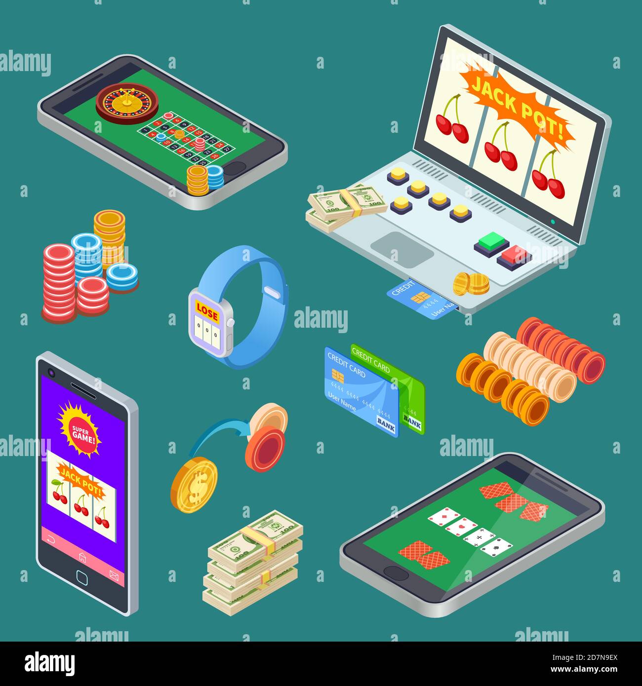 Gioco d'azzardo online, elementi vettoriali isometrici dell'app del casinò. Illustrazione gioco d'azzardo del casino, poker e roulette Illustrazione Vettoriale