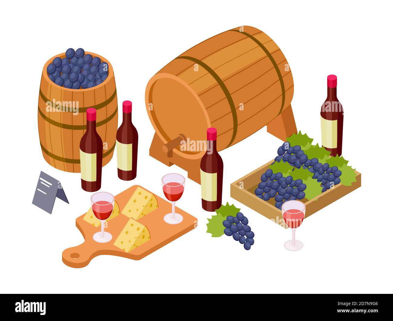 Concetto di degustazione di vini. Vino isometrico, botti di legno, bicchieri, uva. Illustrazione del vino vettoriale. Vino, barile e bottiglia, degustazione di alcol a base di uva Illustrazione Vettoriale