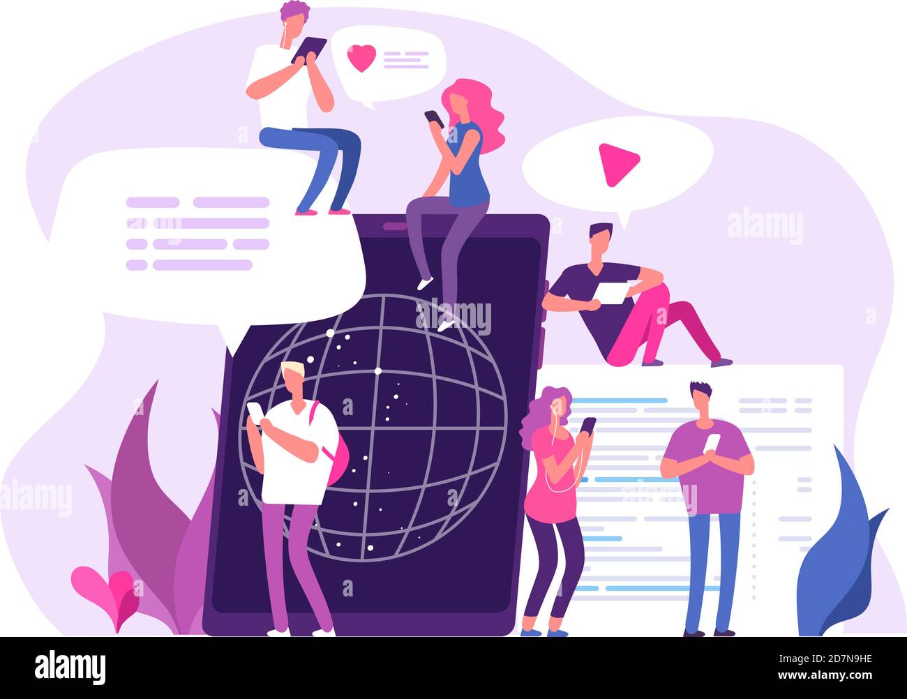 Persone in chat online. Collegamenti globali media chat discussione networking comunicazione amico chat forum marketing vettore concetto. Comunicazione di chat persone online, illustrazione della rete Internet Illustrazione Vettoriale