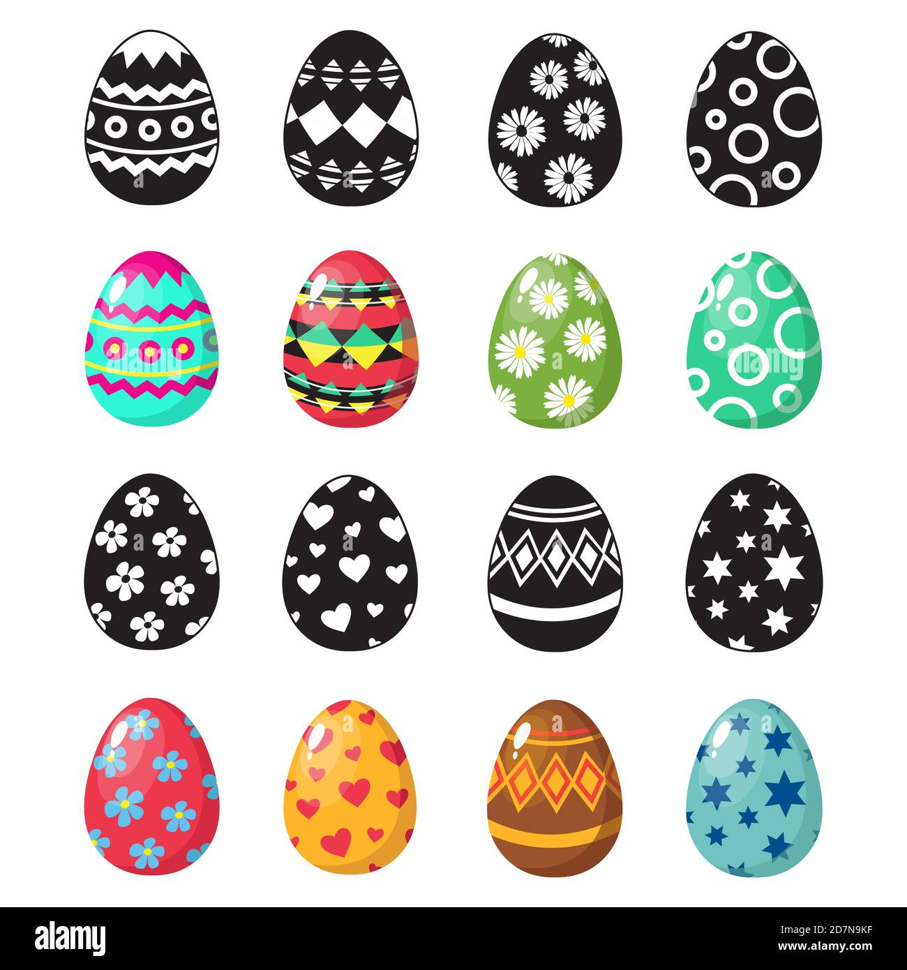 Colorful e bianco e nero uova di pasqua icone insieme vettoriale. Illustrazione dell'uovo di pasqua, Pasqua di festa Illustrazione Vettoriale