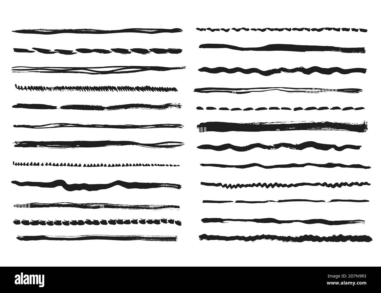 Linee a matita. Texture doodle linea libera tratti gesso scrimble linea nera schizzo grunge bordi divisori vettoriali fatti a mano isolati. Pennello grunge texture, nero a mano libera illustrazione Illustrazione Vettoriale