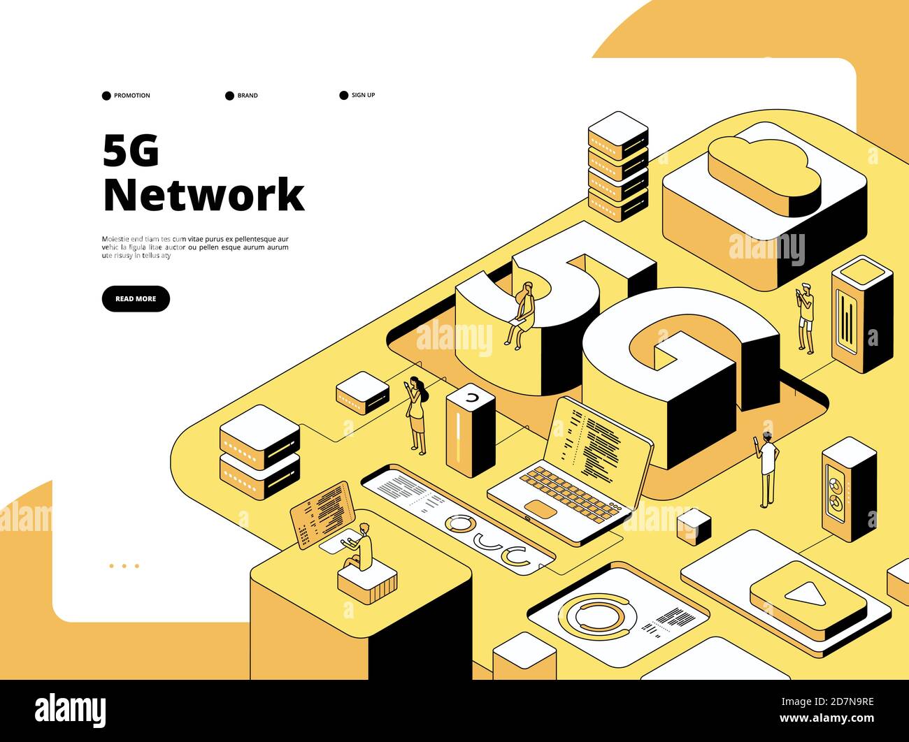 concetto 5g. Tecnologia di trasmissione WiFi 5g, Internet ad alta velocità nello smartphone. Pagina di destinazione vettore isometrico hotspot rete globale. illustrazione della generazione di rete 5g, della connessione e delle telecomunicazioni Illustrazione Vettoriale