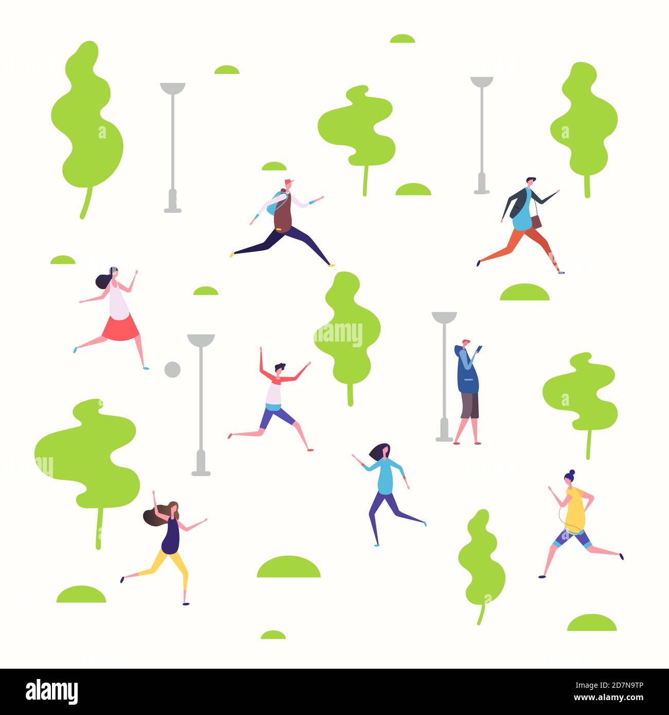 Persone attive nel parco primaverile, camminare e correre persone illustrazione vettoriale. Parco primaverile all'aperto, corse sportive, runner e jogging Illustrazione Vettoriale