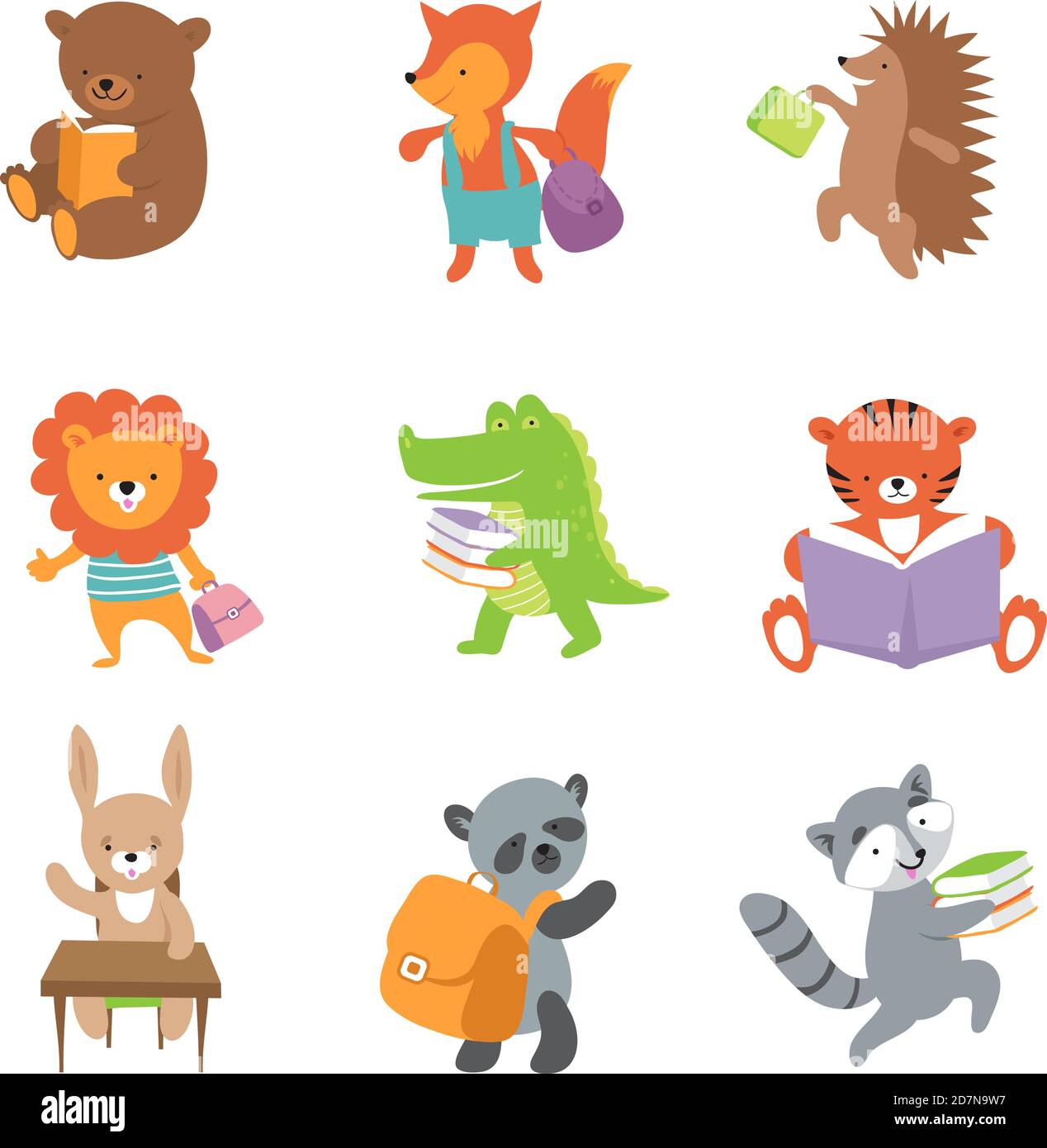 Carini animali da scuola. Orso e volpe, leone e coccodrillo, tigre e panda. Vector scuola di animali per bambini set. Illustrazione di orso e coccodrillo, koala e tigre Illustrazione Vettoriale
