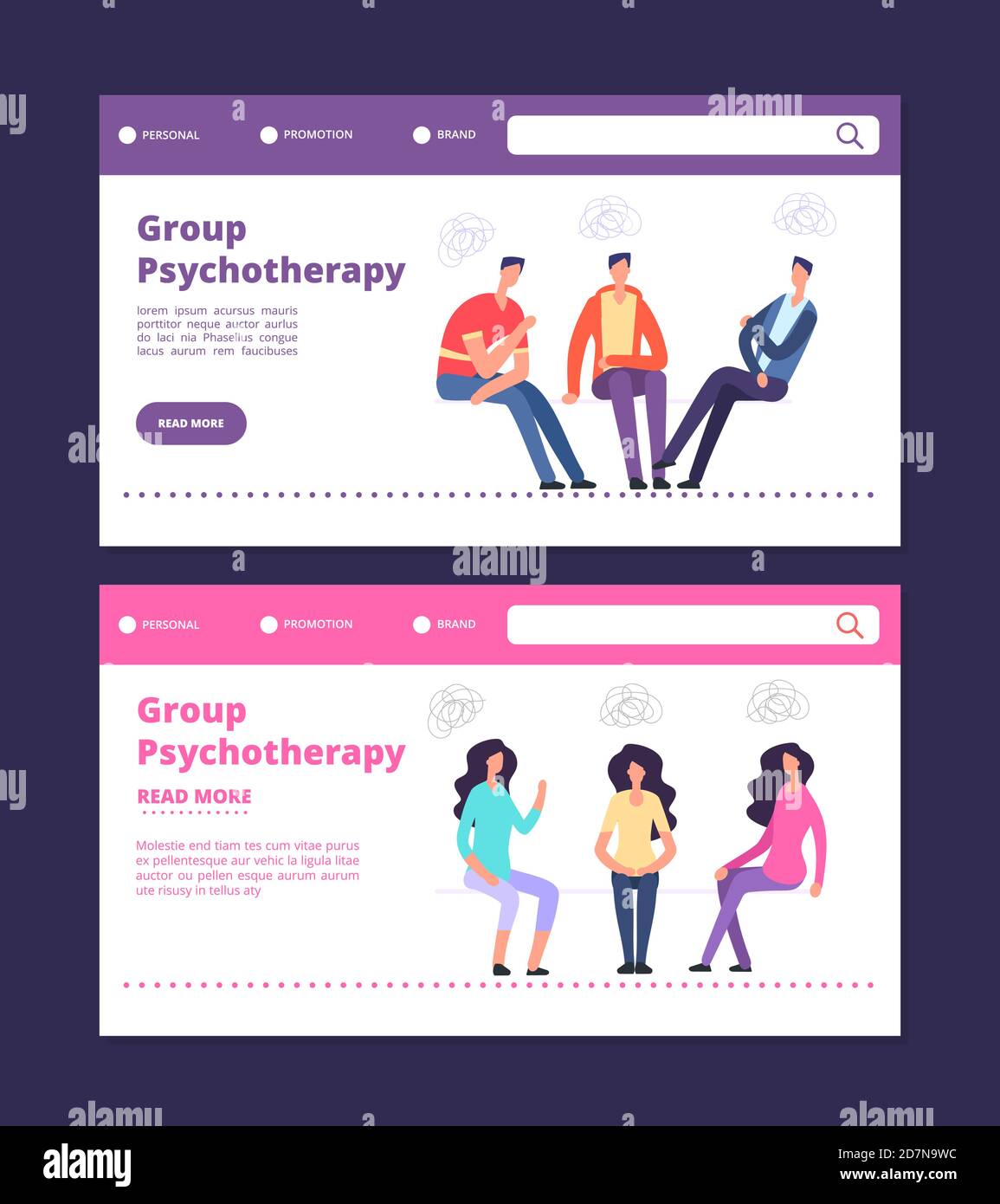 Modello di banner web per psicoterapia di gruppo. Pagine di destinazione dei vettori di terapia di gruppo maschile e femminile. Illustrazione di psicoterapeuta e psicologa, problema di gruppo terapeutico Illustrazione Vettoriale