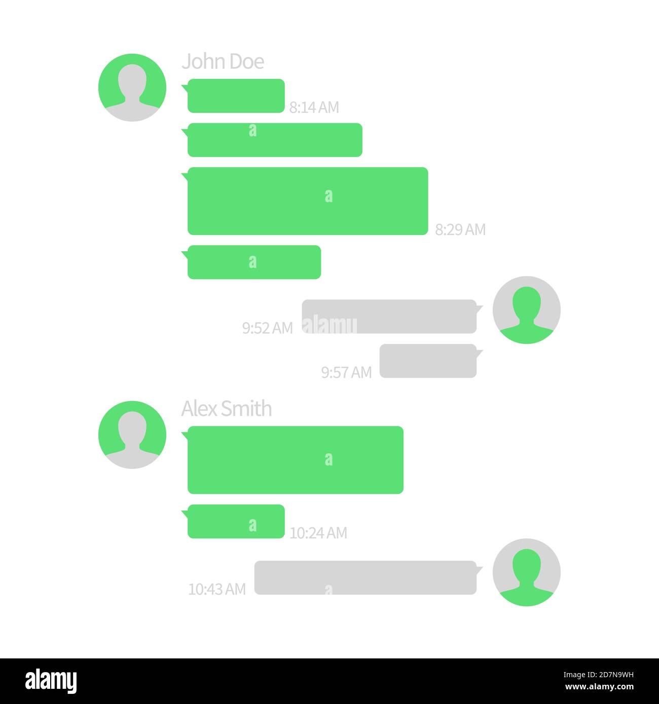 Modello app chat. Illustrazione vettoriale del servizio messaggi brevi con bolle di testo. Messaggio bolla vocale per la comunicazione, SMS verde stile mobile Illustrazione Vettoriale
