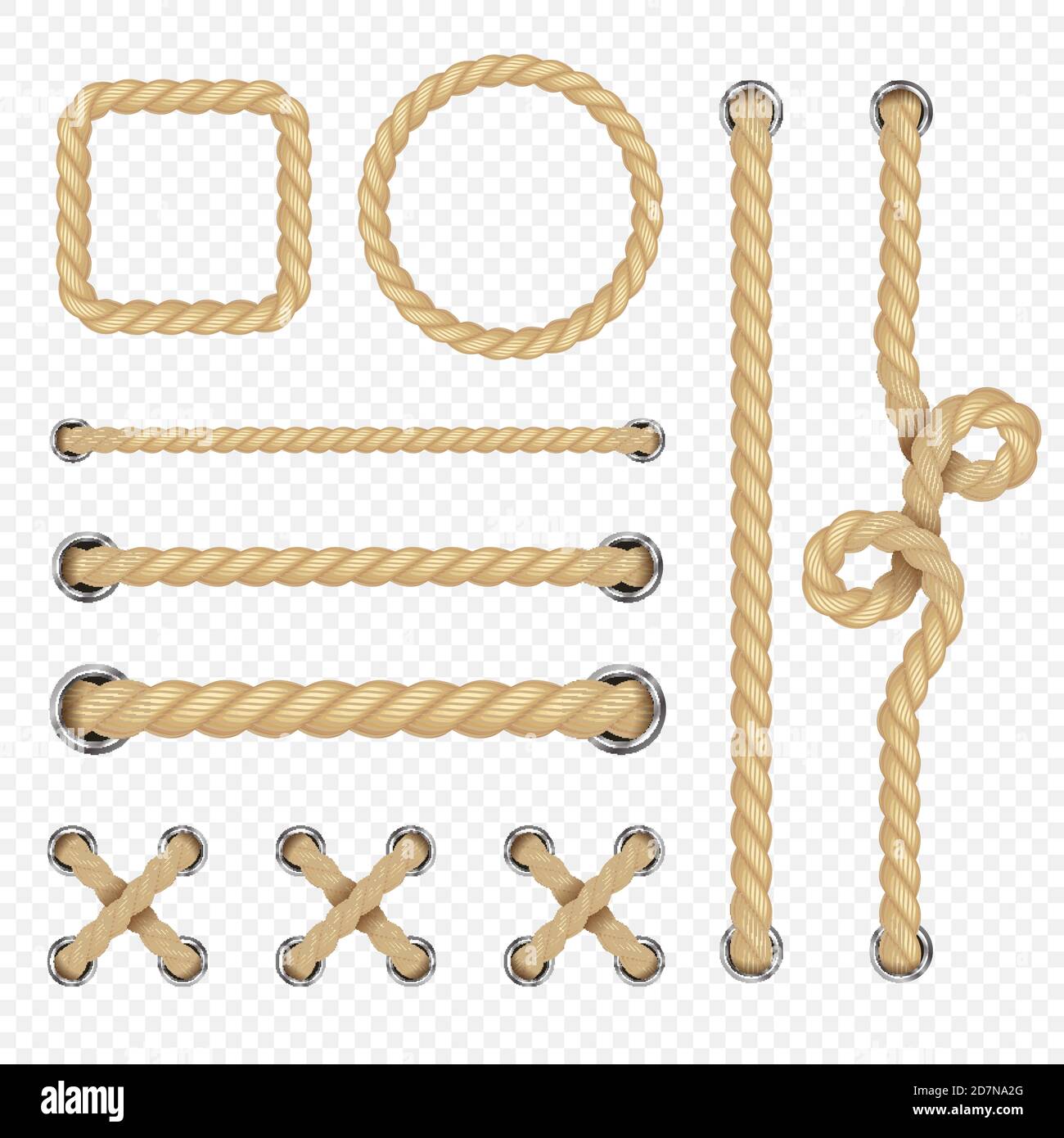 Realistiche corde nautiche isolate su sfondo trasparente. Curva della stringa vettoriale, linea della corda, schema dell'anello marino Illustrazione Vettoriale