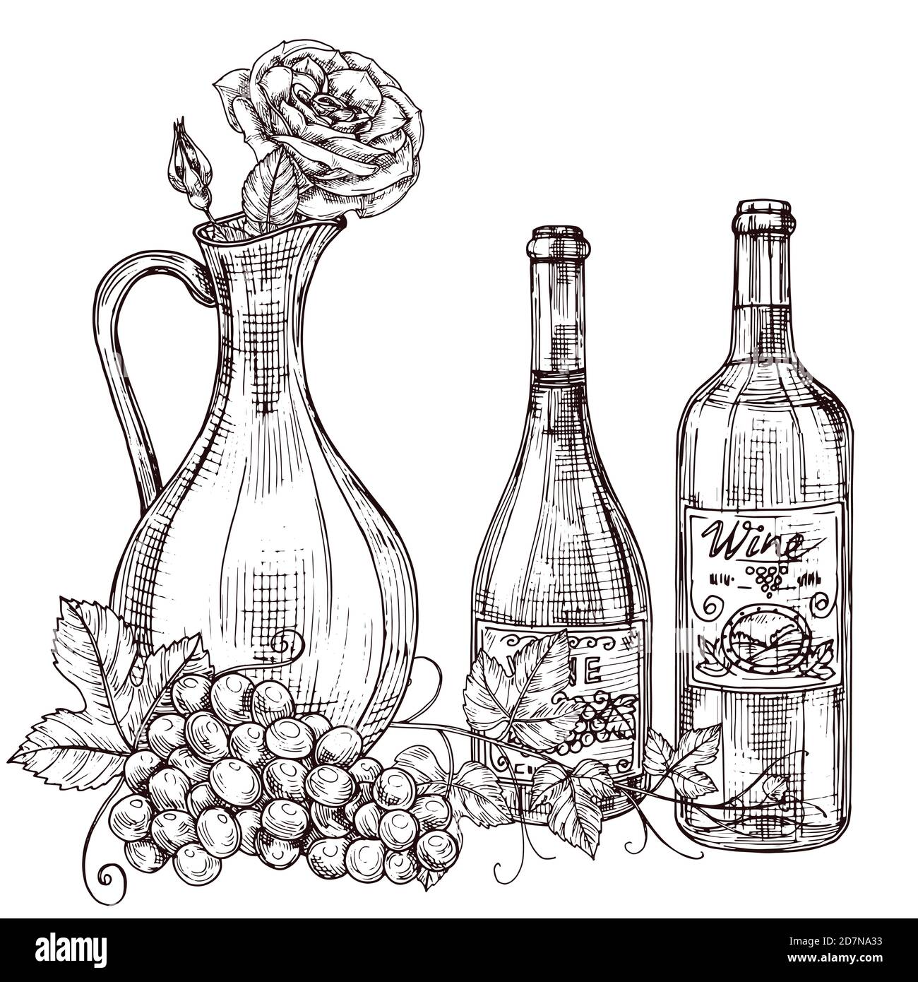 Decanter di vino disegnato a mano con rose, bottiglie di vino, illustrazione del vettore d'uva. Bottiglia di vino e ramificazione di uva isolati Illustrazione Vettoriale