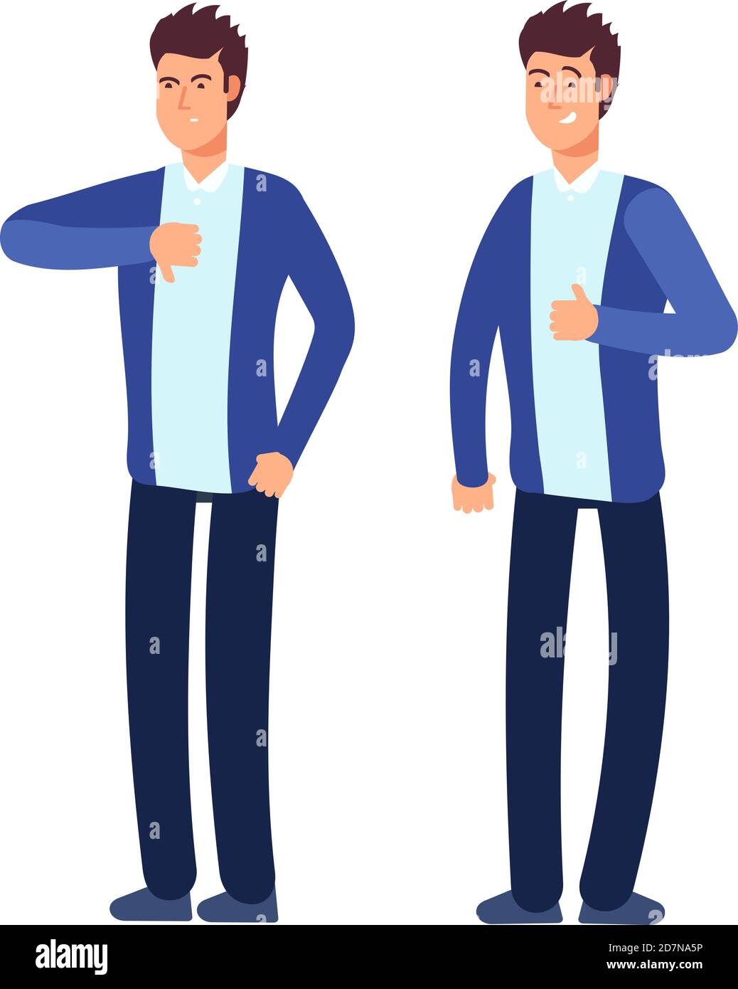 Come l'uomo dispiaciuto. Uomo d'affari felice, arrabbiato con buone approvazioni cattive gesto social media e business decision choice concetto vettore. Illustrazione di un gesto positivo e di un simbolo negativo dissimile Illustrazione Vettoriale