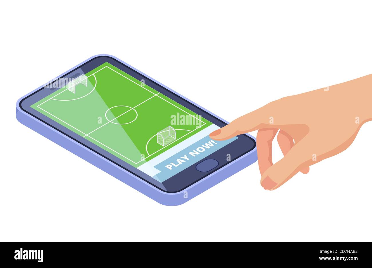 Campo di calcio isometrico su smartphone - sport giochi mobile app concetto vettoriale. Gioco di sport su smartphone, app football illustrazione isometrica Illustrazione Vettoriale