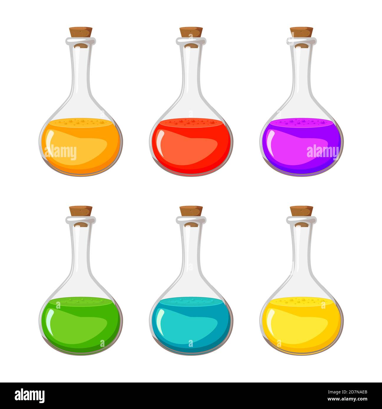 Collezione vettoriale di pozione magica .Elixir in set di bottiglie in vetro isolato su bianco. Illustrazione di un matraccio colorato con sostanza chimica. Il medicinale contiene Illustrazione Vettoriale