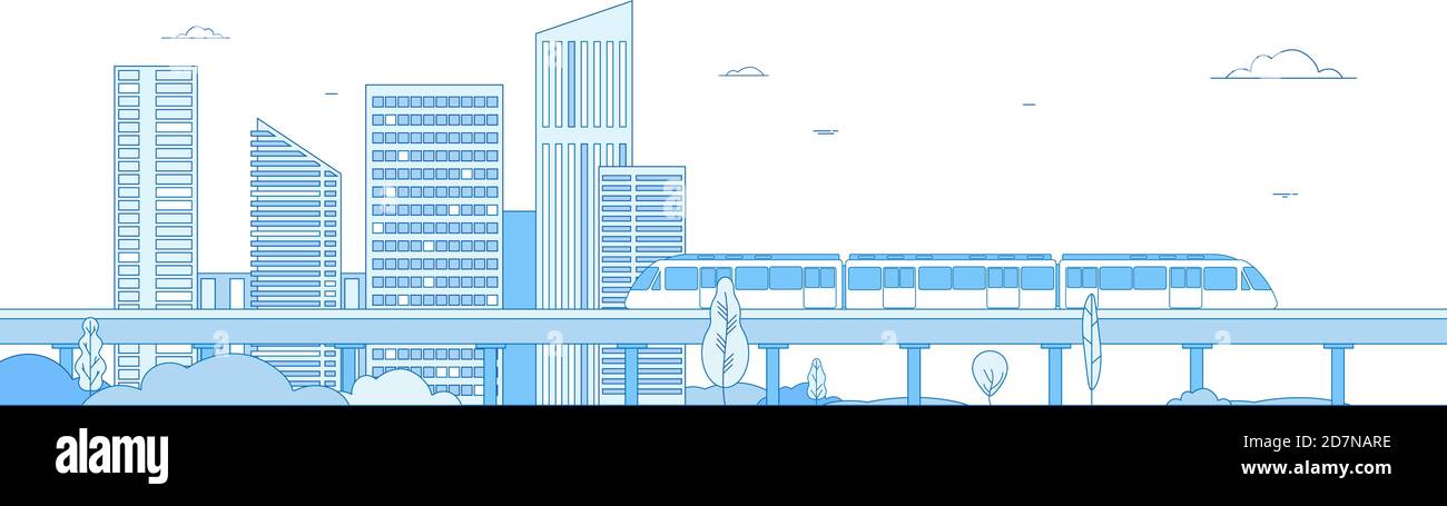 Città metropolitana. Treno metropolitano monorotaia in un panorama futuristico di megapoli. Concetto di linea vettoriale per il trasporto sotterraneo. Velocità espressa, treno veloce, illustrazione dell'edificio cittadino Illustrazione Vettoriale