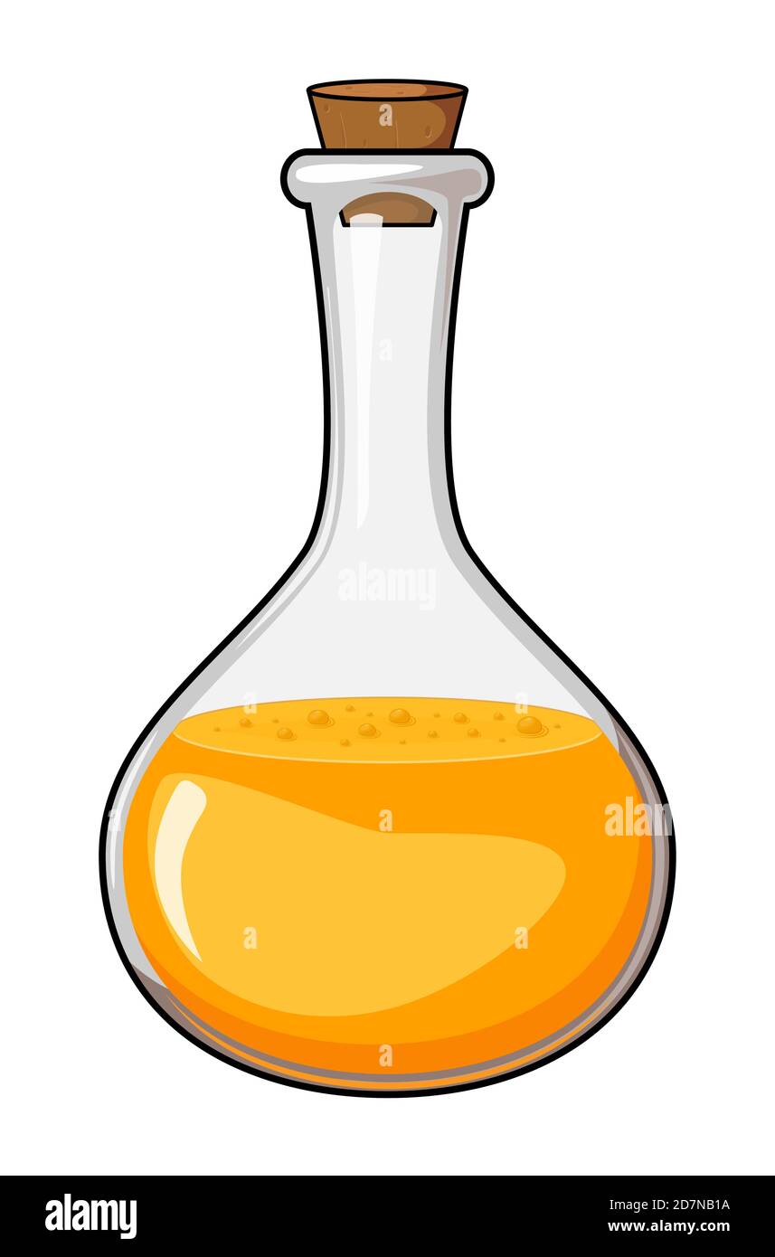 Elixir in bottiglia di vetro. Immagine di pozione magica arancione isolata su bianco. Matraccio con sostanza chimica con bolla. ic vettore chimico o medico Illustrazione Vettoriale