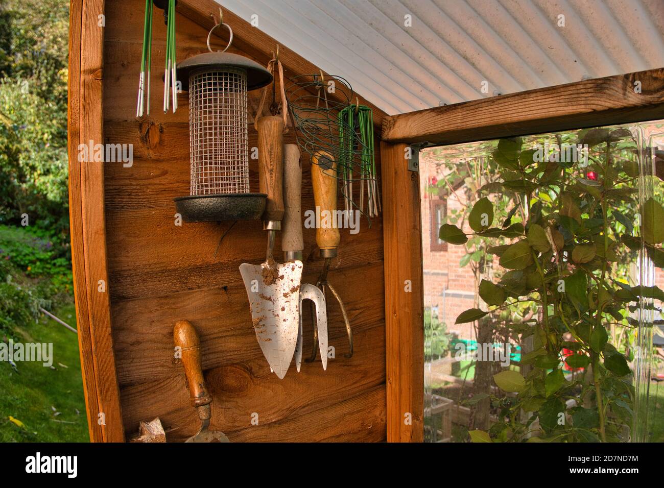 Garden Shed che mostra gli strumenti Foto Stock