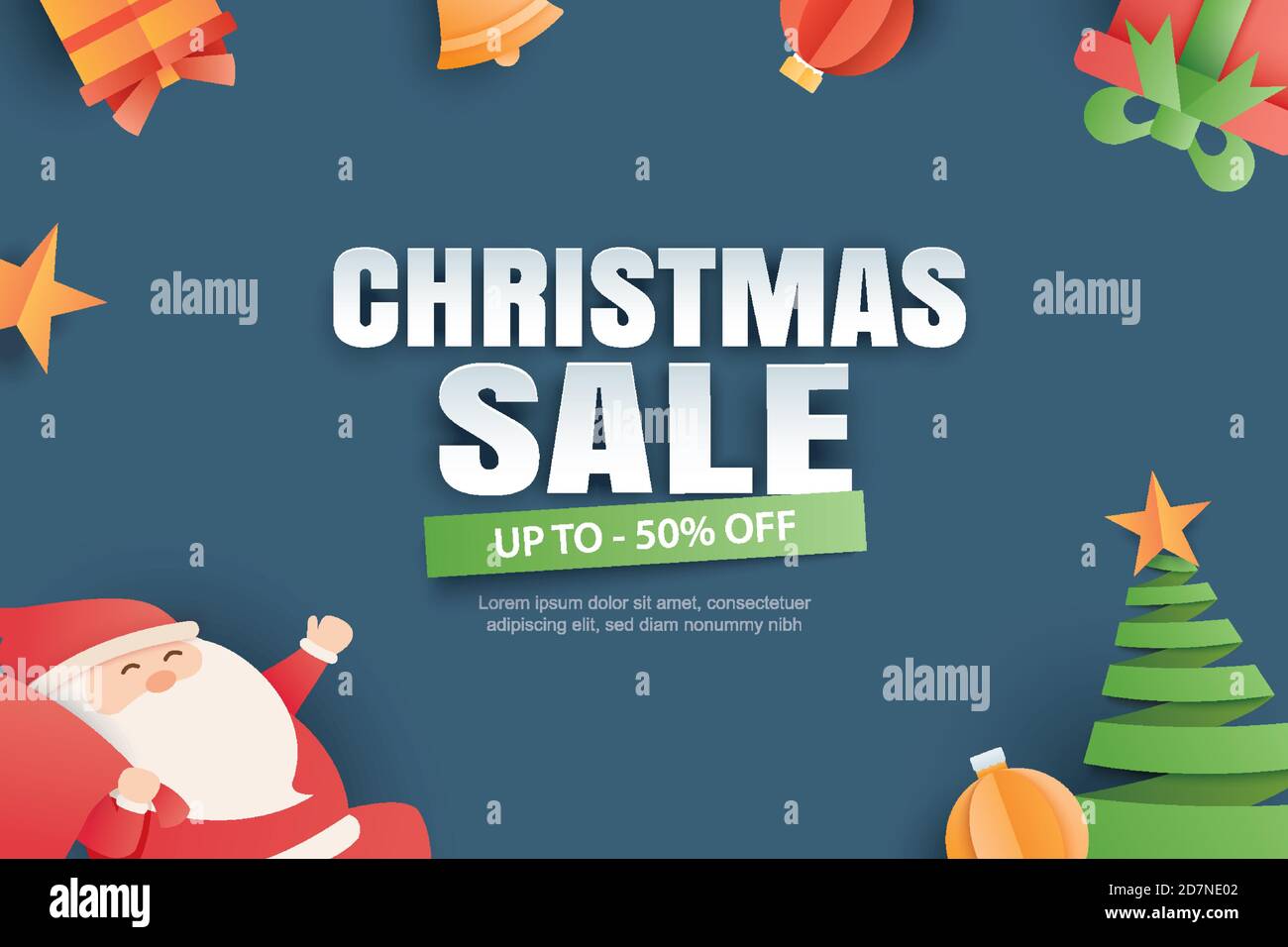 Vendita di Natale con regali ed elementi su fondo blu banner in stile arte di carta. Illustrazione Vettoriale Vendita di Natale con regali ed elementi su fondo blu banner in stile arte di carta. Illustrazione Vettoriale