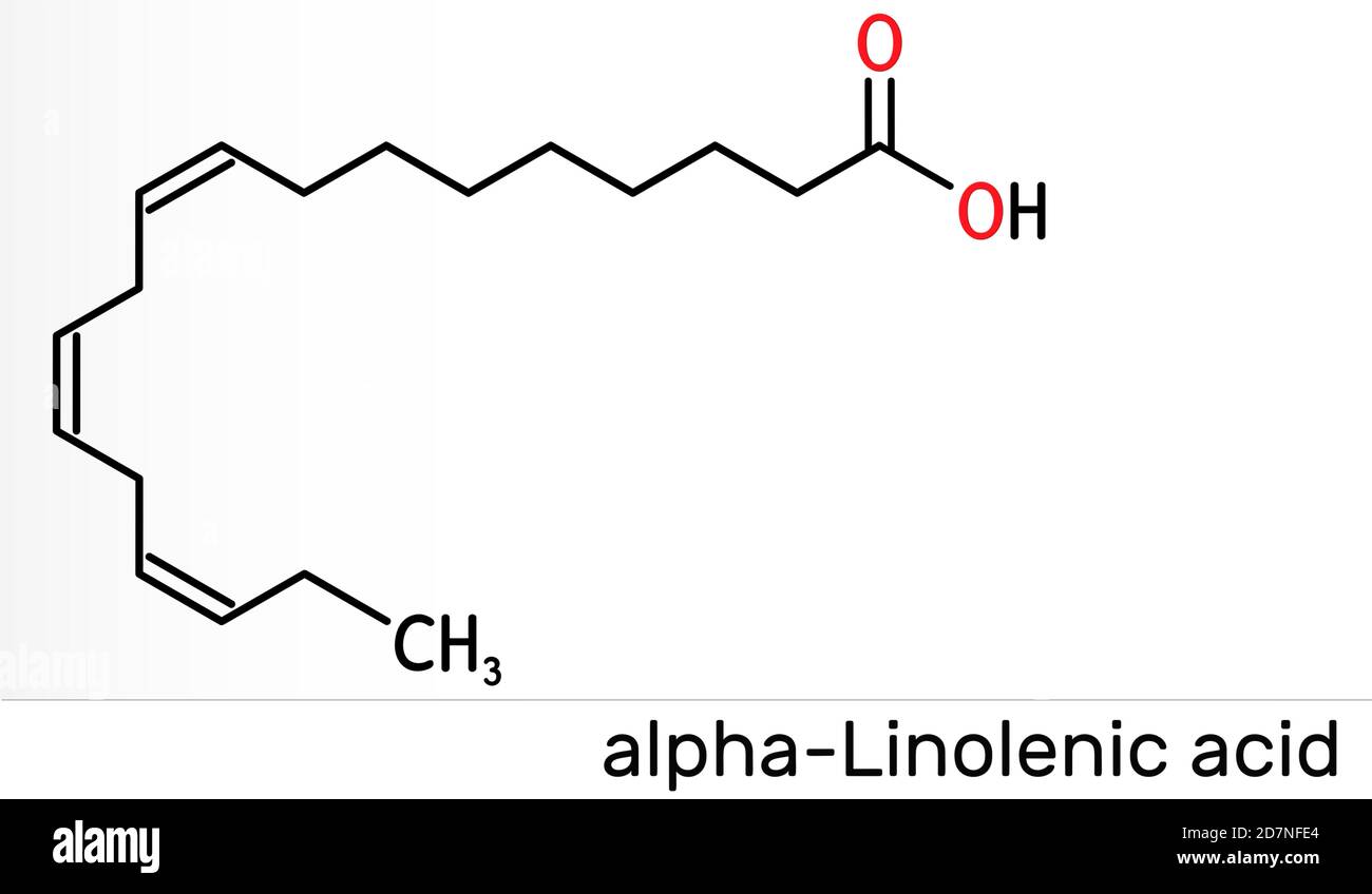 Acido alfa-linolenico, molecola ala. Acido grasso carbossilico, polinsaturo  omega-3. Componente di molti oli vegetali comuni. Formula chimica  scheletrica Foto stock - Alamy
