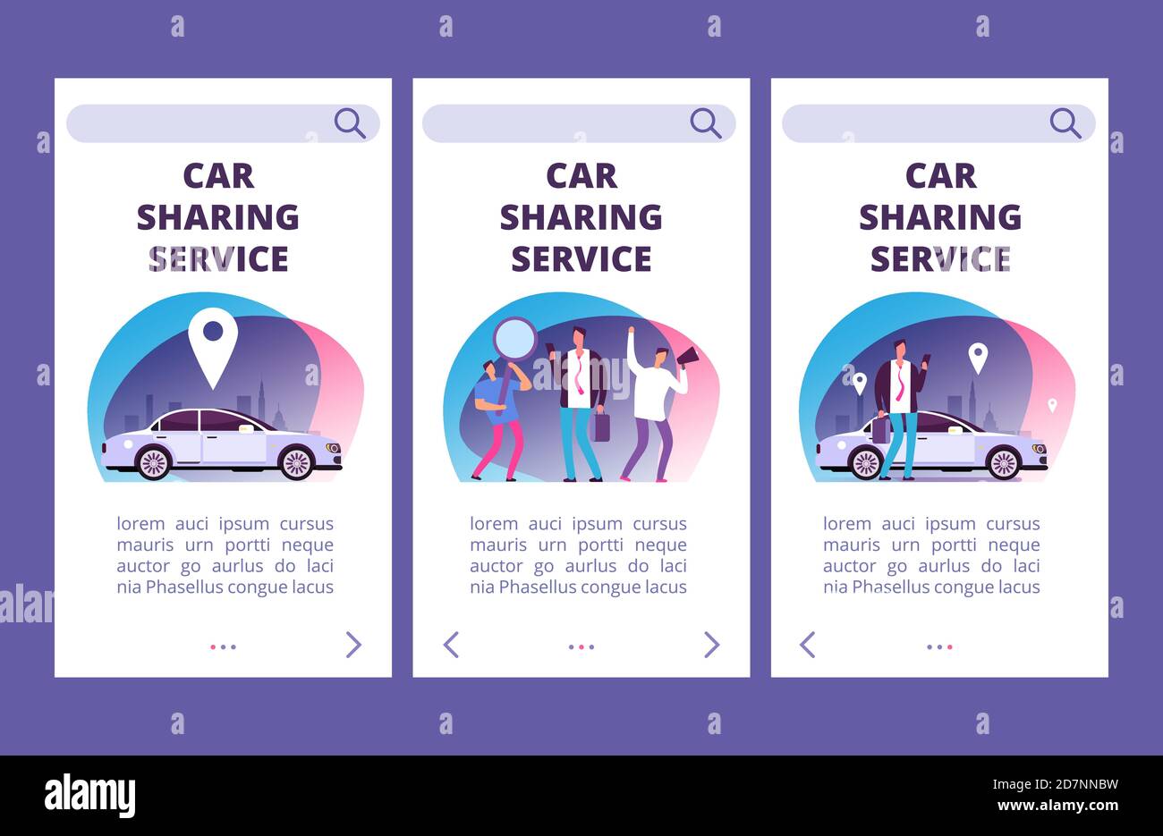 Modello vettoriale delle pagine dell'app mobile del servizio di condivisione auto. Illustrazione del servizio app auto, pagina web per noleggio auto, condivisione auto Illustrazione Vettoriale