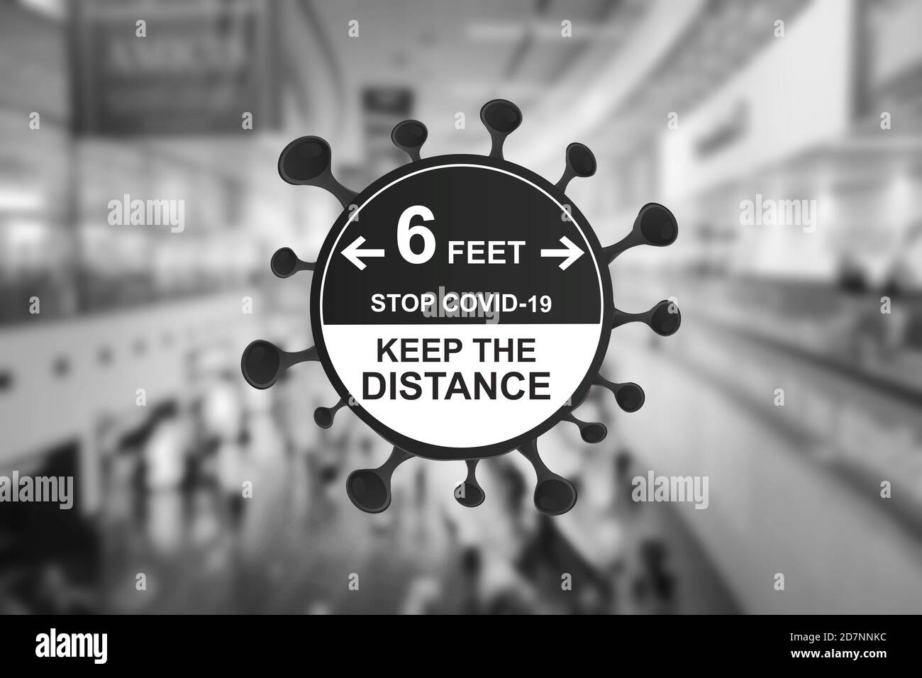 Sfondo offuscato di un aeroporto internazionale pieno di turisti in arrivo. Rimani a casa e non viaggiare. Mantenere la distanza l'uno dall'altro. A conoscenza del coronavirus Foto Stock