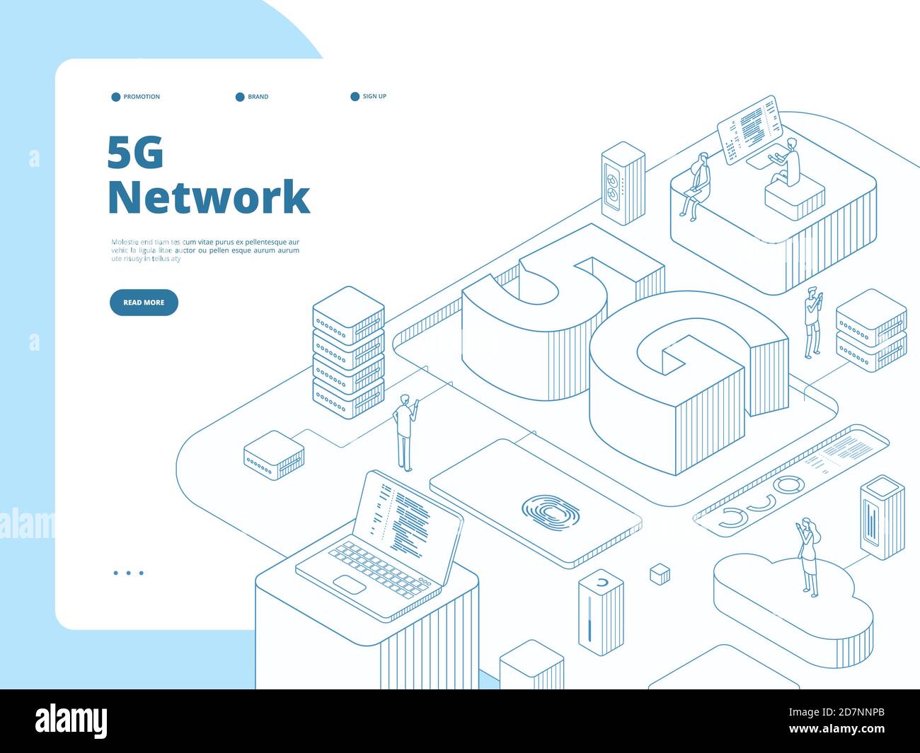 pagina di destinazione 5g. Tecnologia di trasmissione WiFi 5g, Internet ad alta velocità nel dispositivo. Concetto vettoriale isometrico di telecomunicazione di rete globale. Illustrazione della rete di quinta generazione, connessione rapida Illustrazione Vettoriale
