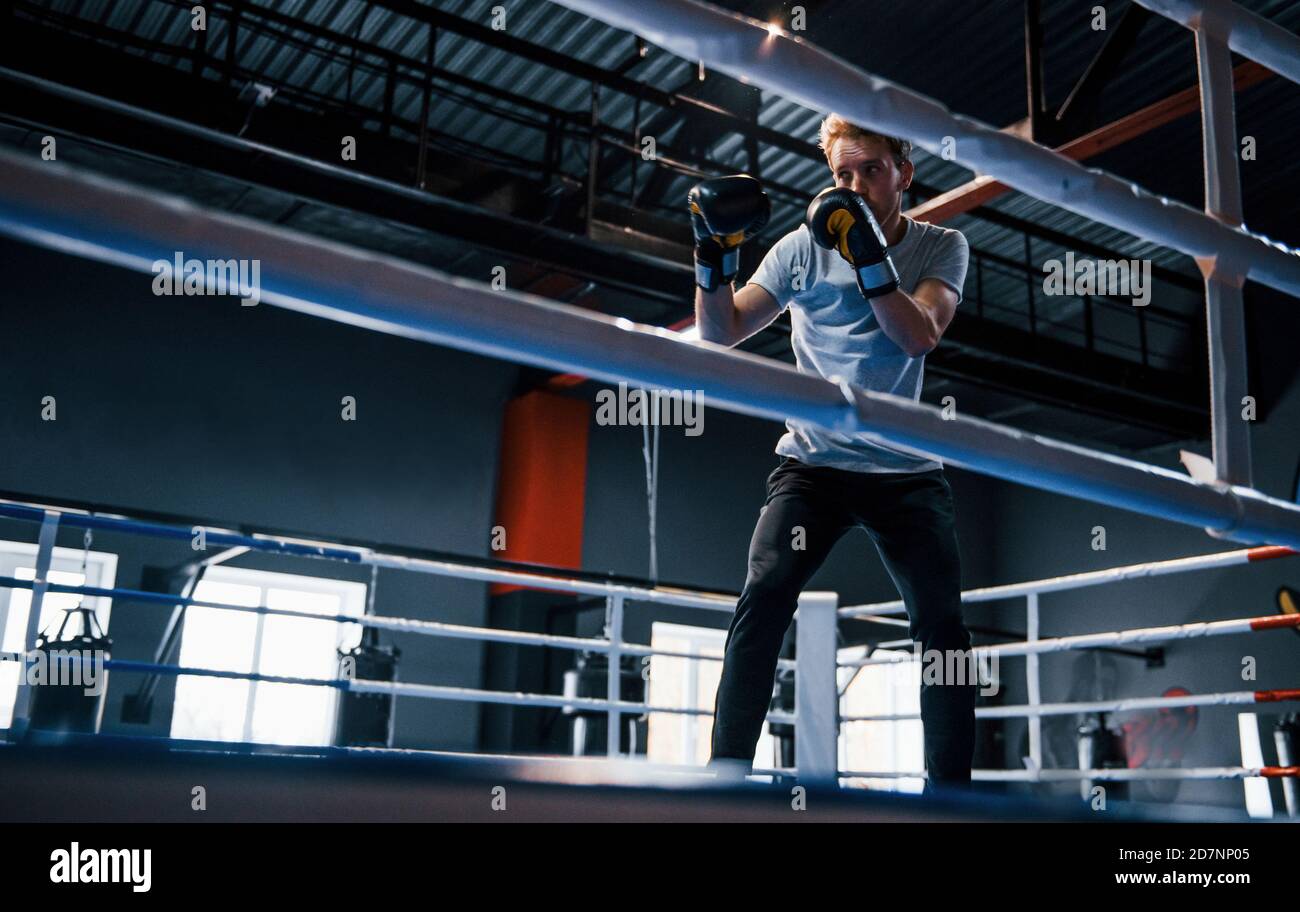 Giovane uomo in camicia bianca e guanti protettivi facendo esercizi nell'anello di boxe Foto Stock