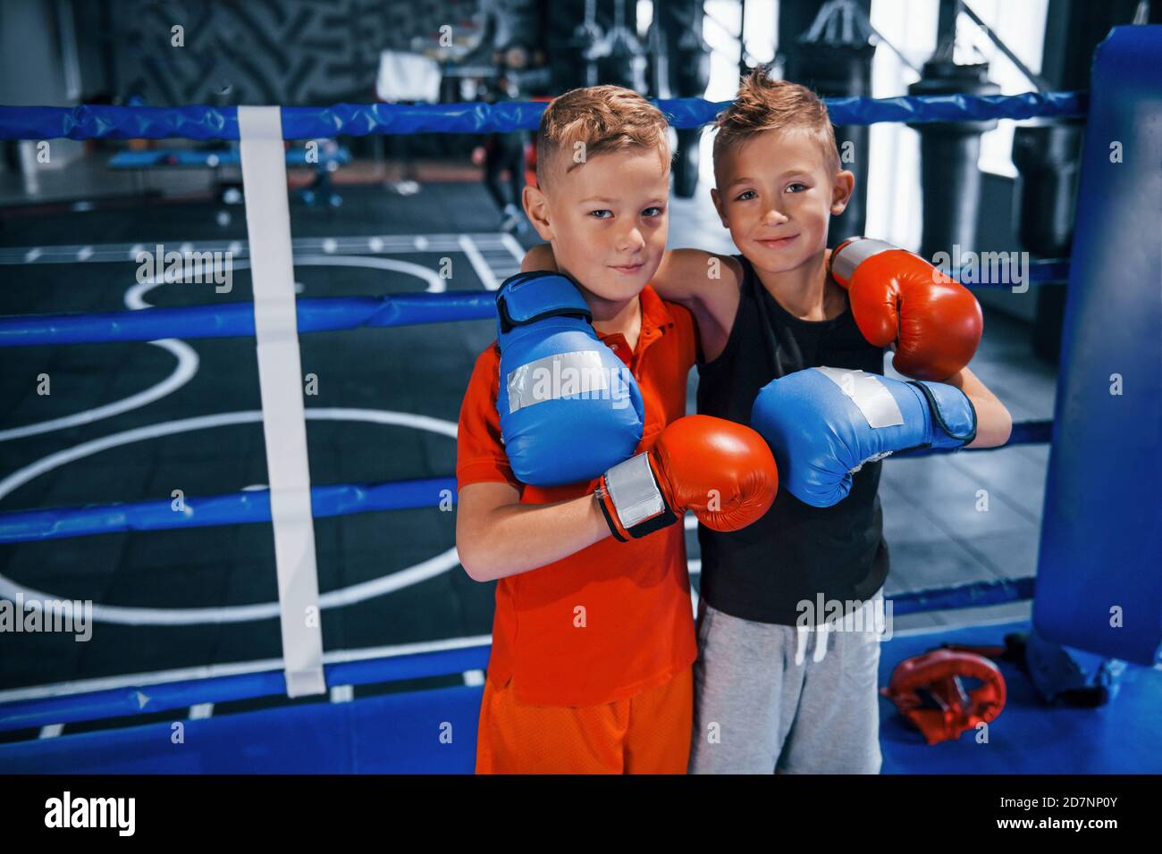 Ritratto di due ragazzi in guanti protettivi in piedi insieme su anello di boxe Foto Stock