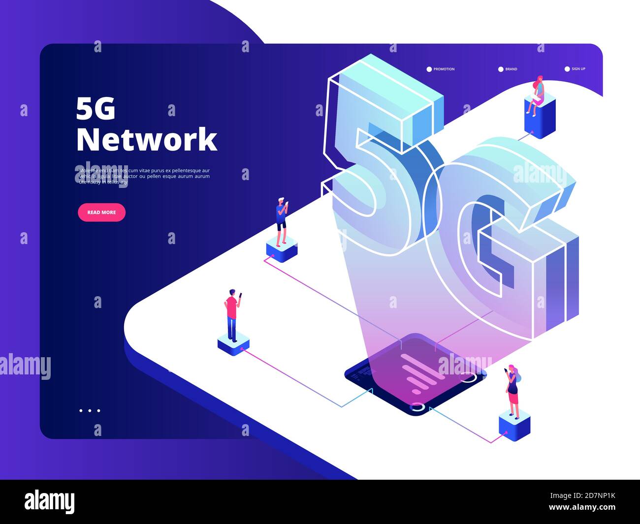 Rete 5g. Trasmissione dati wireless tecnologia 5g velocità Internet banda larga cinque hotspot rete globale wifi landing vector page. rete 5g internet, illustrazione dati digitali Illustrazione Vettoriale
