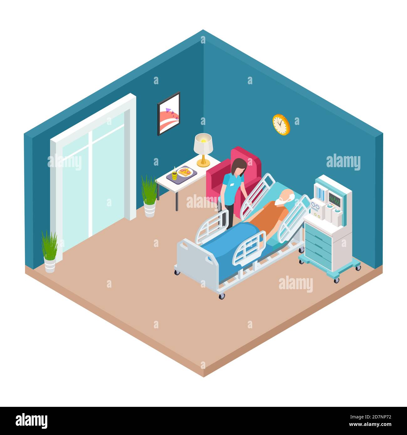 Reparto ospedaliero, vettore interno di rianimazione. Infermiera isometrica che si prende cura dell'uomo anziano. Illustrazione dell'ospedale di cura medica, l'assistenza sanitaria del paziente nel reparto Illustrazione Vettoriale