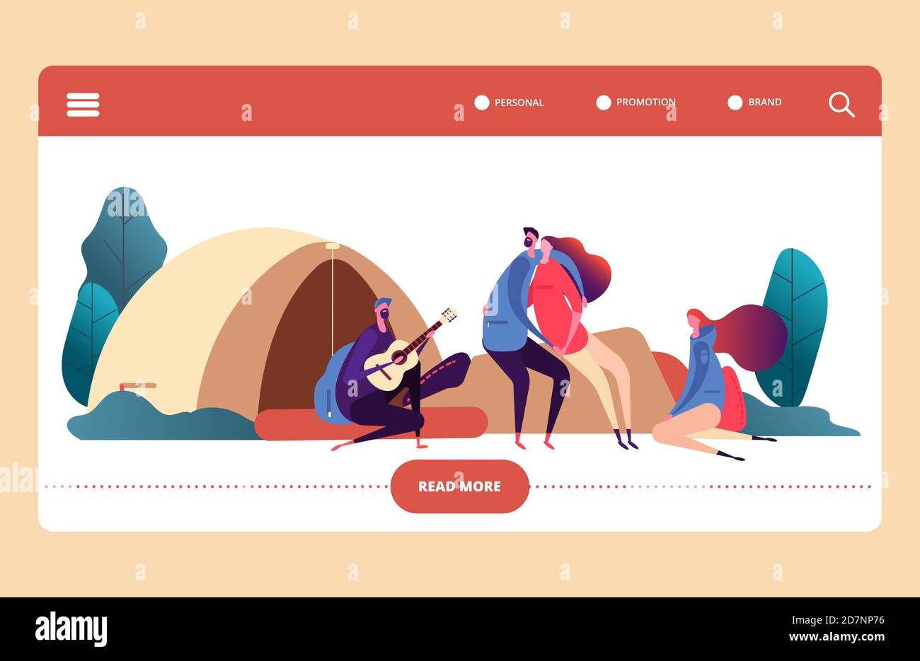 Modello vettore pagina web campo foresta autunno. Escursioni e campeggio attività all'aperto. Giovani con chitarra, zaini e tenda banner disegno vettoriale Illustrazione Vettoriale