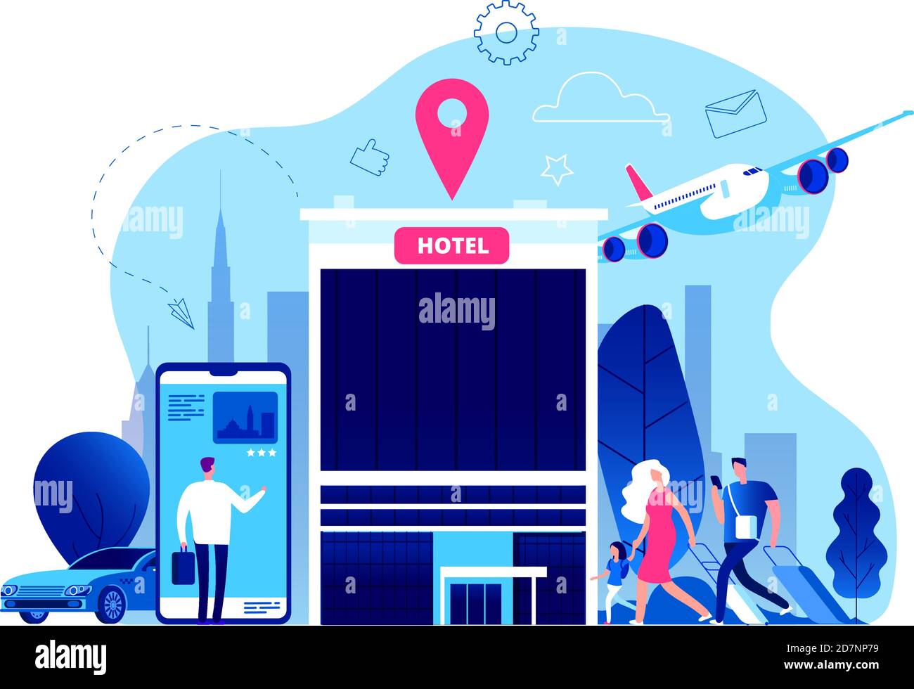 Prenotazione hotel. Prenotazione di bilancio alberghi online con internet, telefono cellulare moderno estate vacanza vettore concetto. Illustrazione del servizio di prenotazione online Illustrazione Vettoriale