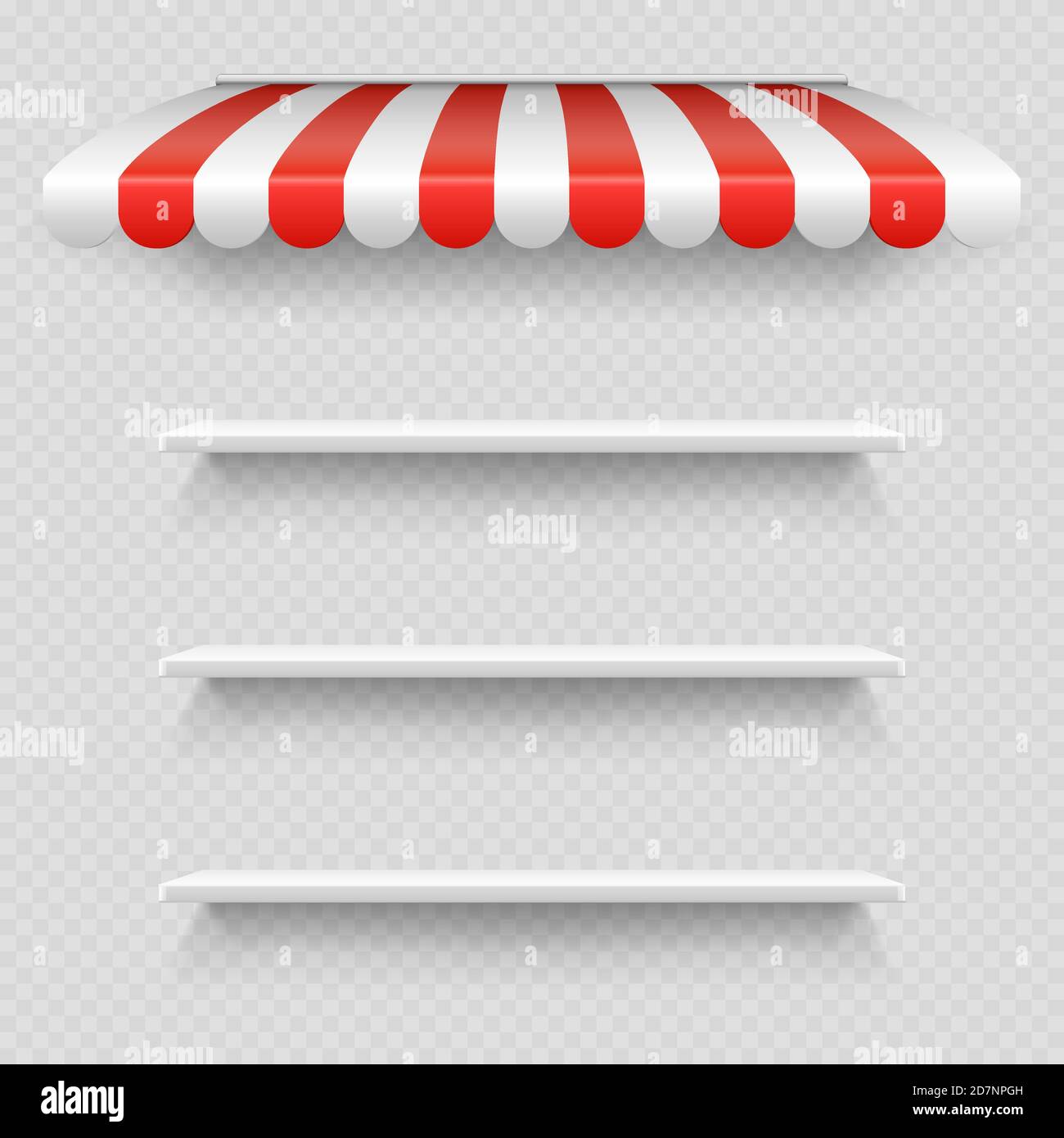 Scaffale vuoto bianco sotto ombrellone bianco a righe e rosso isolato su sfondo trasparente. Negozio di tendine, illustrazione della copertura a righe Illustrazione Vettoriale