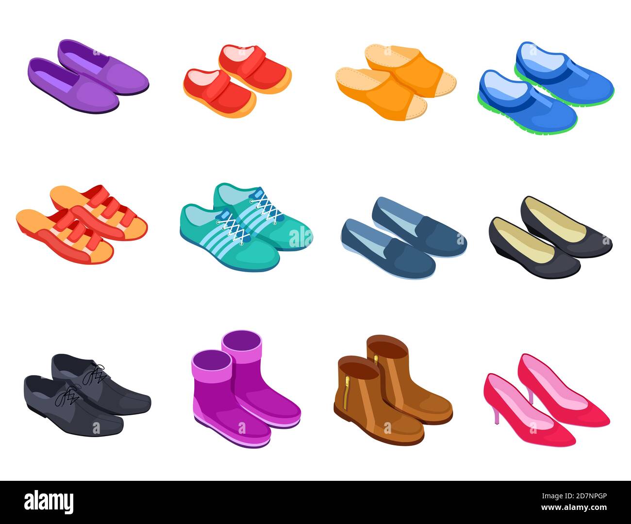 Pattino isometrico. Ciabatte scarpe sportive scarpe da ginnastica scarpe da uomo e da donna, stivali 3d calzature isolate icone set. Illustrazione di scarpone e scarpa, calzature con calzino Illustrazione Vettoriale