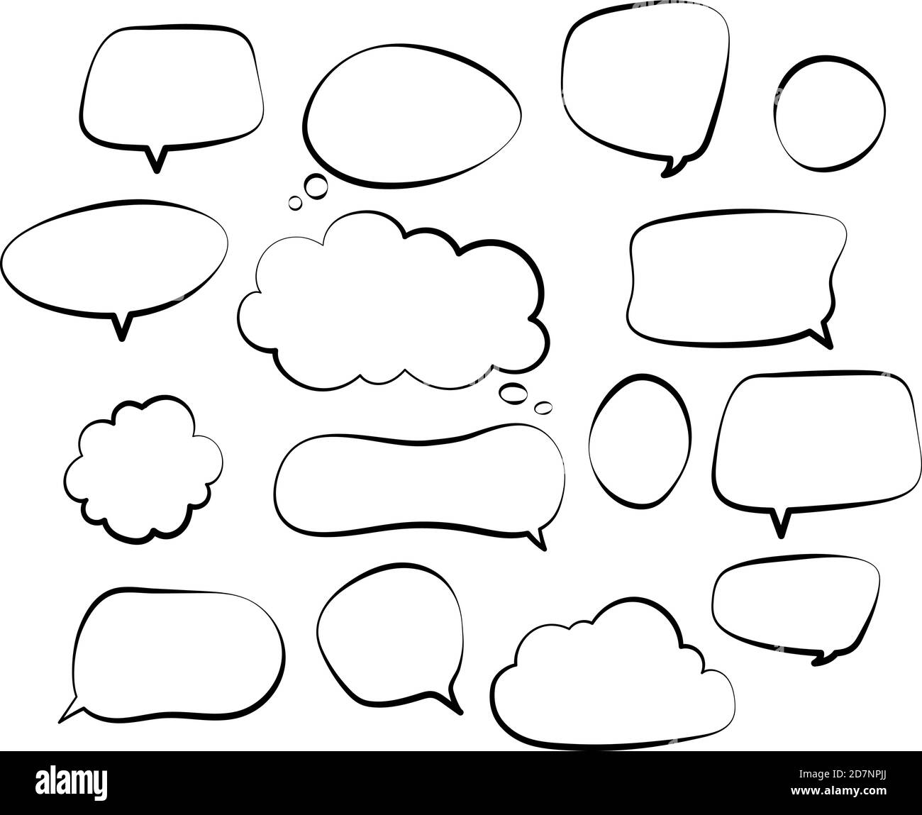 Delineare le bolle del parlato. Doodle speech balloon sketch Scribble bolla parlare nuvola fumetto retrò gridare forme insieme vettoriale. Illustrazione del discorso di bolla di contorno per la comunicazione Illustrazione Vettoriale