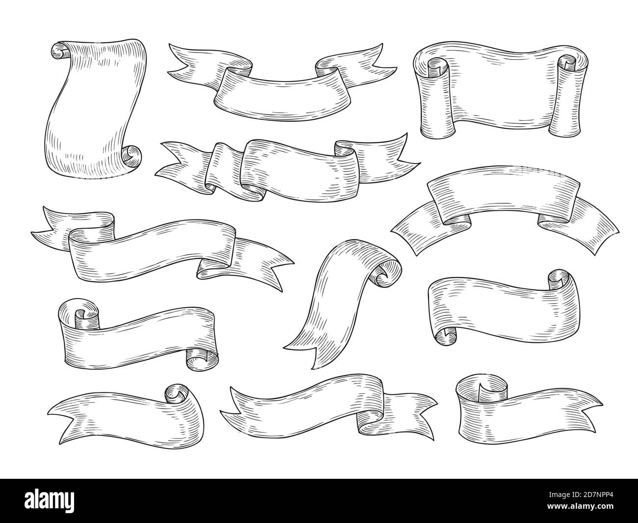 Nastri di doodle. Nastro per striscioni di schizzo inciso vecchie etichette contrassegno di messaggio vuoto banner disegnati a mano elementi vettoriali di design vintage isolati. Immagine della barra multifunzione vuota per il messaggio Illustrazione Vettoriale