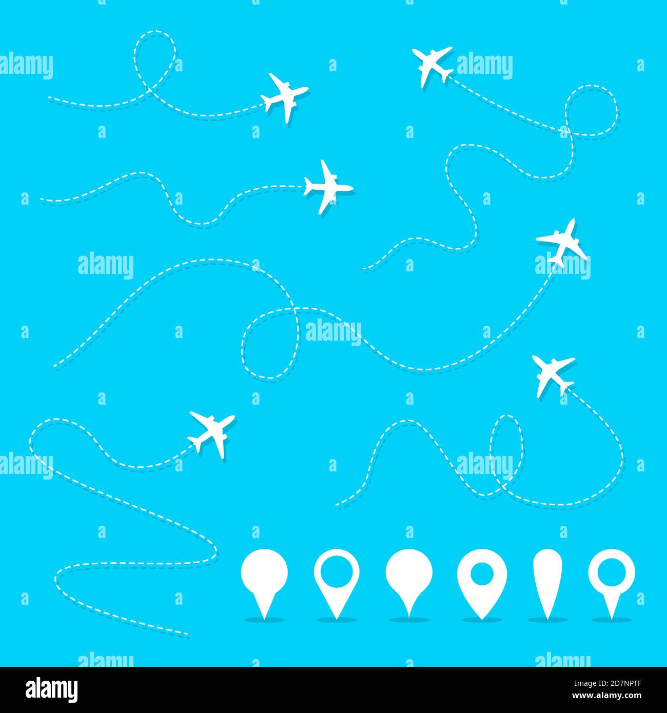 Percorso della linea del piano vettoriale. Percorso direzionale dell'aereo, direzione del volo e simboli vettoriali Pins. Illustrazione della rotta di volo della compagnia aerea, direzione di navigazione Illustrazione Vettoriale